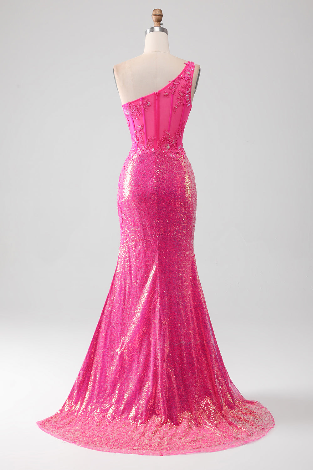 Sparkly fucsia sirena monospalla appliques abito da ballo con fessura