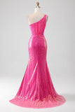 Sparkly fucsia sirena monospalla appliques abito da ballo con fessura