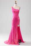 Sparkly fucsia sirena monospalla appliques abito da ballo con fessura