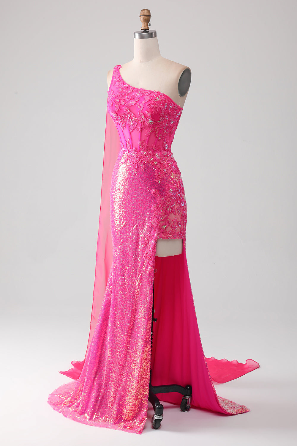 Sparkly fucsia sirena monospalla appliques abito da ballo con fessura