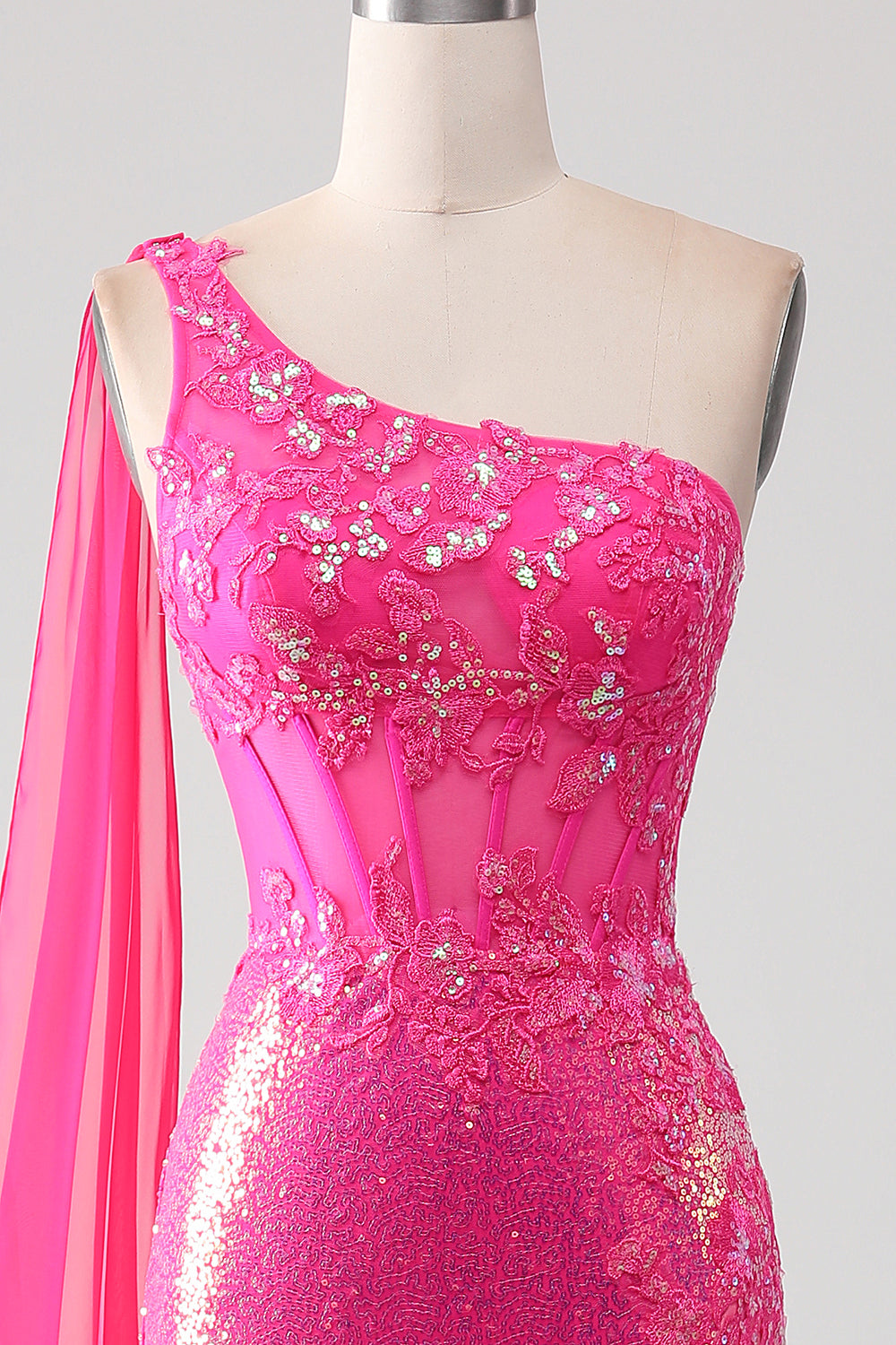 Sparkly fucsia sirena monospalla appliques abito da ballo con fessura