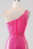 Sparkly fucsia sirena monospalla appliques abito da ballo con fessura