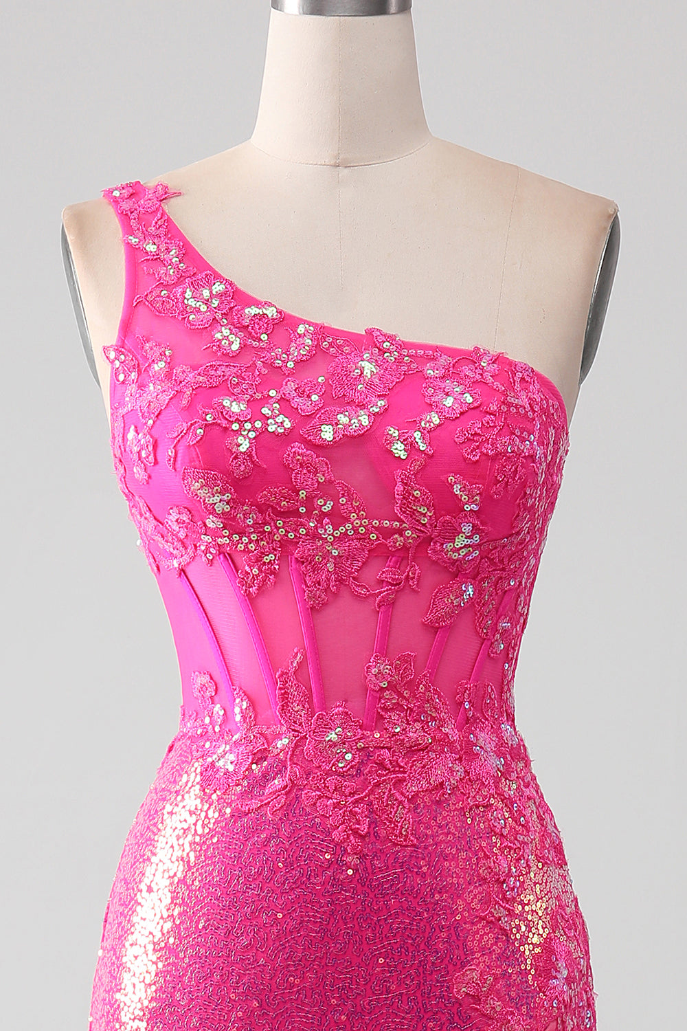 Sparkly fucsia sirena monospalla appliques abito da ballo con fessura