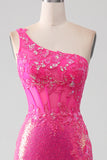 Sparkly fucsia sirena monospalla appliques abito da ballo con fessura