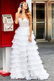 Bianco A-Line Sparkly Paillettes Ruffle Gonna Corsetto Abito da ballo a più livelli con fessura