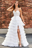 Bianco A-Line Sparkly Paillettes Ruffle Gonna Corsetto Abito da ballo a più livelli con fessura