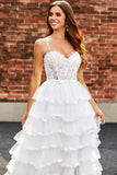 Bianco A-Line Sparkly Paillettes Ruffle Gonna Corsetto Abito da ballo a più livelli con fessura