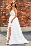 Bianco A-Line Sparkly Paillettes Ruffle Gonna Corsetto Abito da ballo a più livelli con fessura