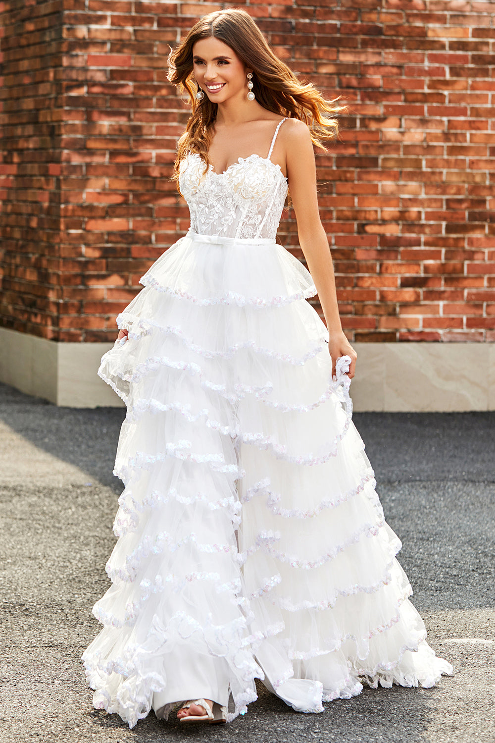 Bianco A-Line Sparkly Paillettes Ruffle Gonna Corsetto Abito da ballo a più livelli con fessura