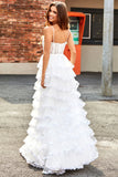 Bianco A-Line Sparkly Paillettes Ruffle Gonna Corsetto Abito da ballo a più livelli con fessura