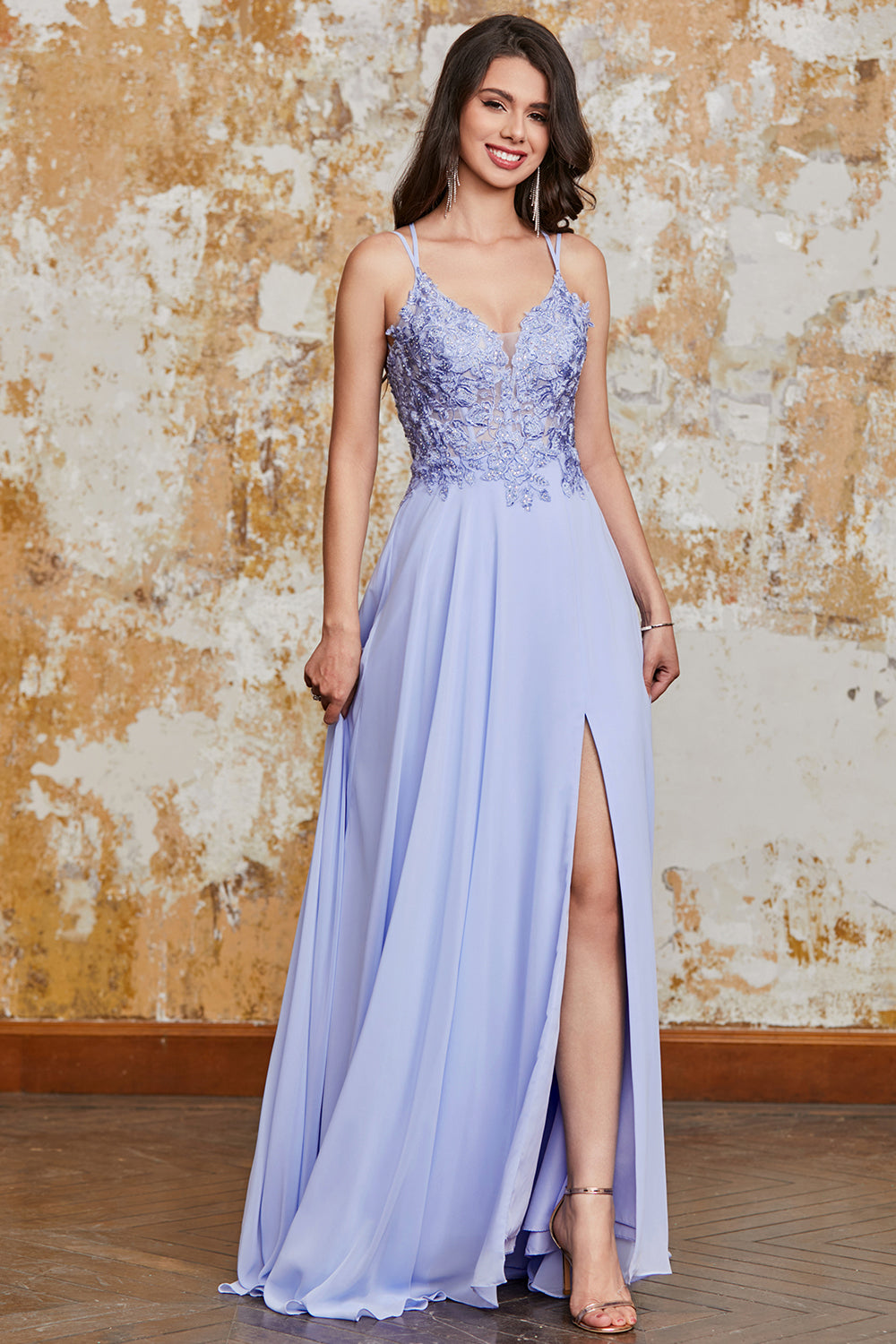 Splendido A Line Spalline sottili Lavanda Abito Lungo Ballo con Crisscroce Indietro