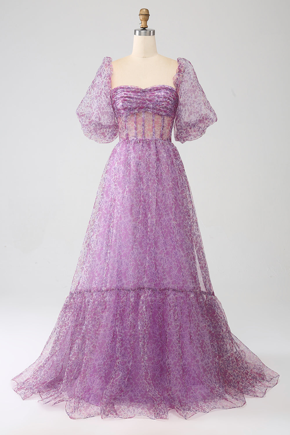 A-Line Scollo quadrato viola Corsetto Prom Dress con mezze maniche