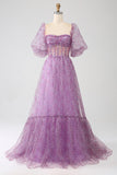 A-Line Scollo quadrato viola Corsetto Prom Dress con mezze maniche