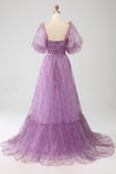 A-Line Scollo quadrato viola Corsetto Prom Dress con mezze maniche