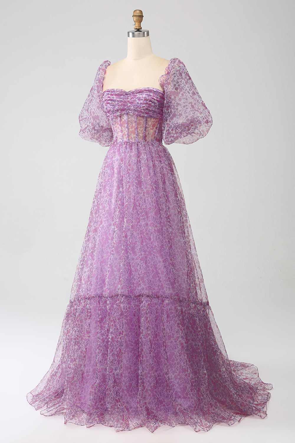 A-Line Scollo quadrato viola Corsetto Prom Dress con mezze maniche