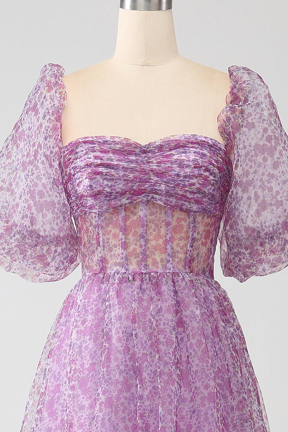 A-Line Scollo quadrato viola Corsetto Prom Dress con mezze maniche