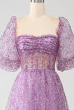 A-Line Scollo quadrato viola Corsetto Prom Dress con mezze maniche