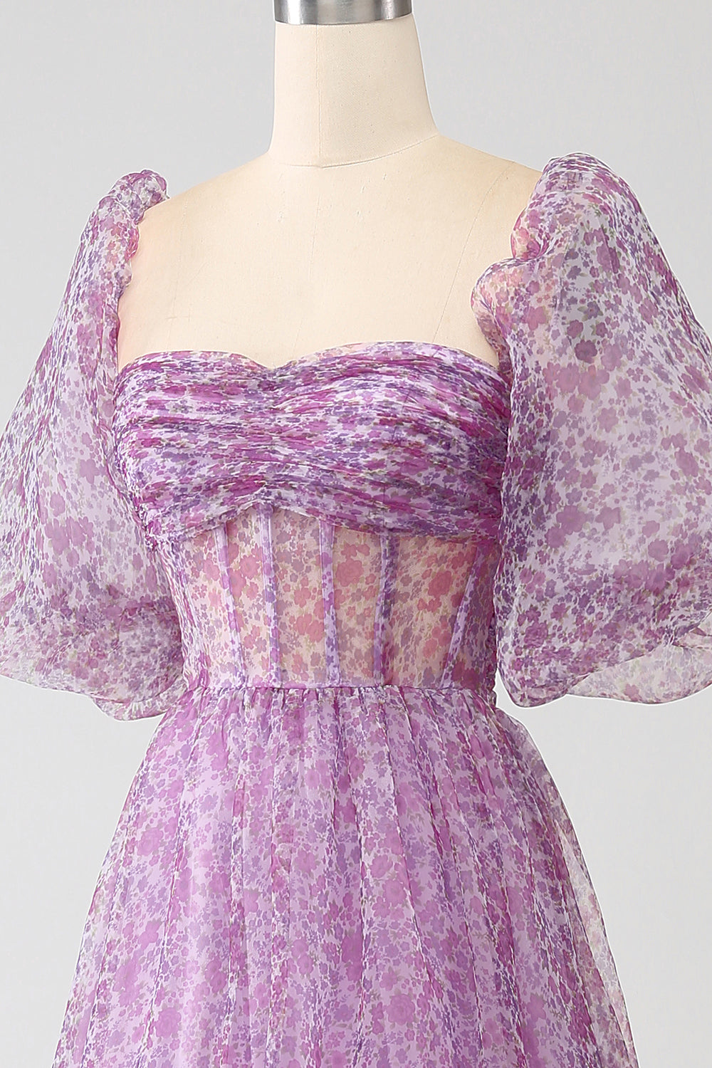 A-Line Scollo quadrato viola Corsetto Prom Dress con mezze maniche