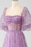 A-Line Scollo quadrato viola Corsetto Prom Dress con mezze maniche