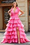 Principessa A-Line Scollo a V fucsia a balze Prom Dress con spacco