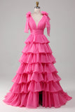 Princess A-Line Abito da ballo fucsia con scollo a V e spacco