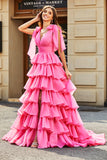 Principessa A-Line Scollo a V fucsia a balze Prom Dress con spacco