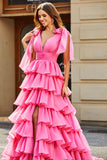 Principessa A-Line Scollo a V fucsia a balze Prom Dress con spacco