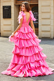 Principessa A-Line Scollo a V fucsia a balze Prom Dress con spacco