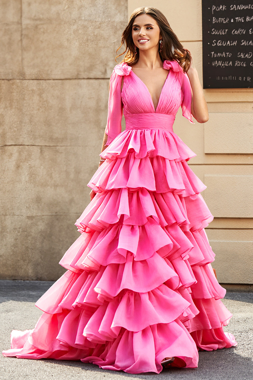 Principessa A-Line Scollo a V fucsia a balze Prom Dress con spacco