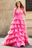 Principessa A-Line Scollo a V fucsia a balze Prom Dress con spacco