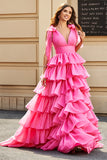 Principessa A-Line Scollo a V fucsia a balze Prom Dress con spacco
