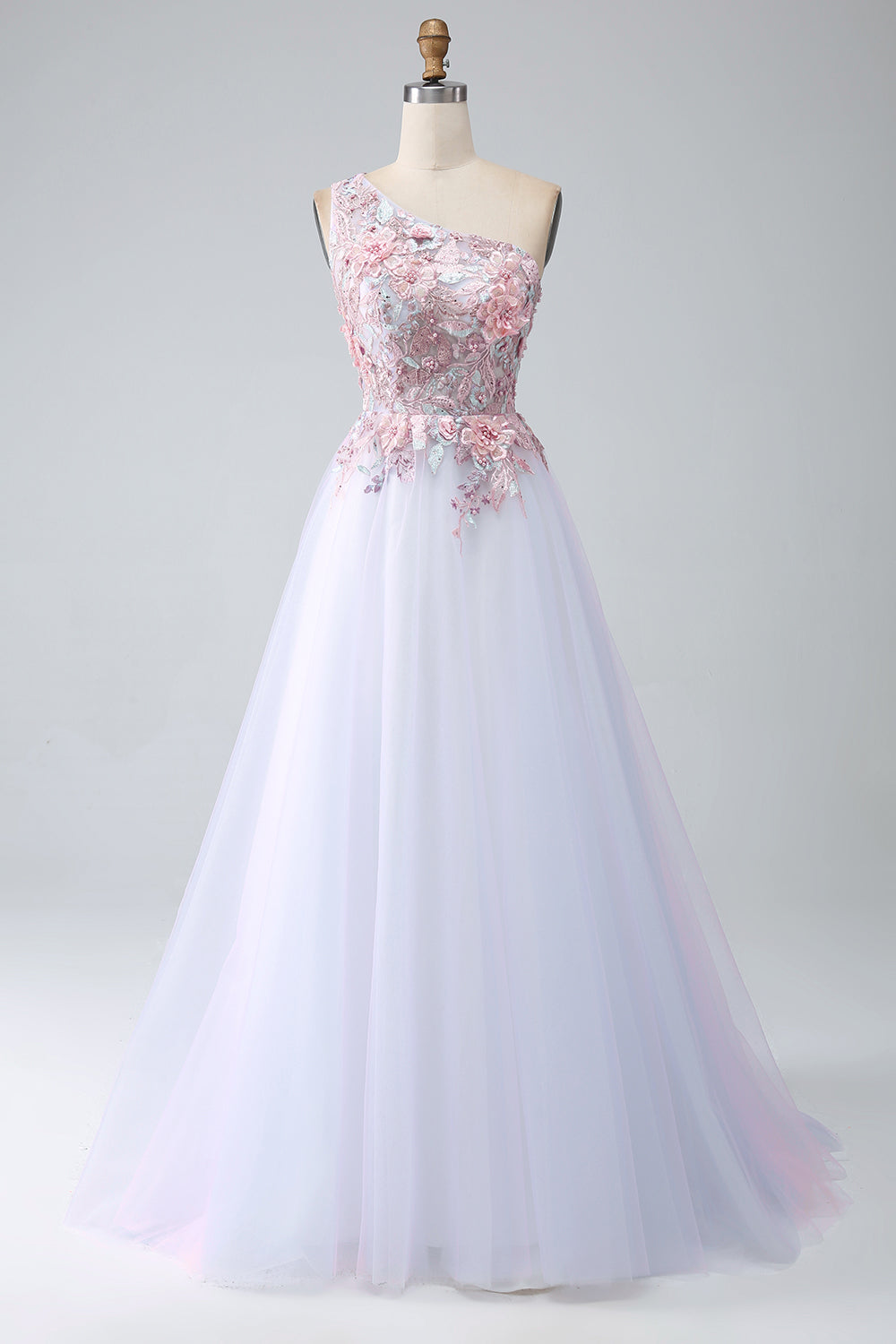 A-Line One Shoulder Pink Prom Dress con applicazioni