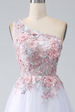 A-Line One Shoulder Pink Prom Dress con applicazioni
