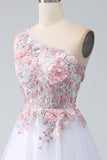 A-Line One Shoulder Pink Prom Dress con applicazioni