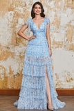 Princess A Line Abito da ballo lungo blu con scollo a V e spacco con volant