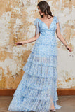 Princess A Line Abito da ballo lungo blu con scollo a V e spacco con volant