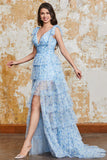Princess A Line Abito da ballo lungo blu con scollo a V e spacco con volant