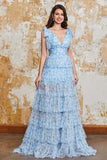 Princess A Line Abito da ballo lungo blu con scollo a V e spacco con volant