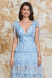Princess A Line Abito da ballo lungo blu con scollo a V e spacco con volant