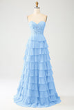 Azzurro cielo A-Line Sweetheart Tiered Corsetto Abito lungo da ballo