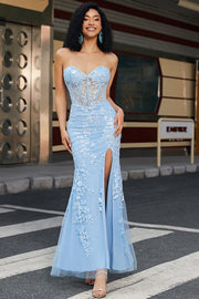 Elegante sirena Sweetheart abito da ballo corsetto azzurro con appliques