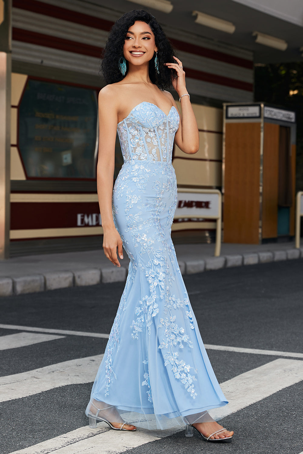 Elegante sirena Sweetheart abito da ballo corsetto azzurro con appliques