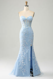 Azzurro sirena Sweetheart Corsetto Appliques Abito da Cerimonia con fessura laterale