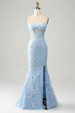 Azzurro sirena Sweetheart Corsetto Appliques Abito da Cerimonia con fessura laterale