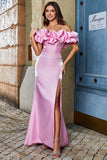 Elegante sirena con spalle scoperte rosa abito lungo da ballo con limo