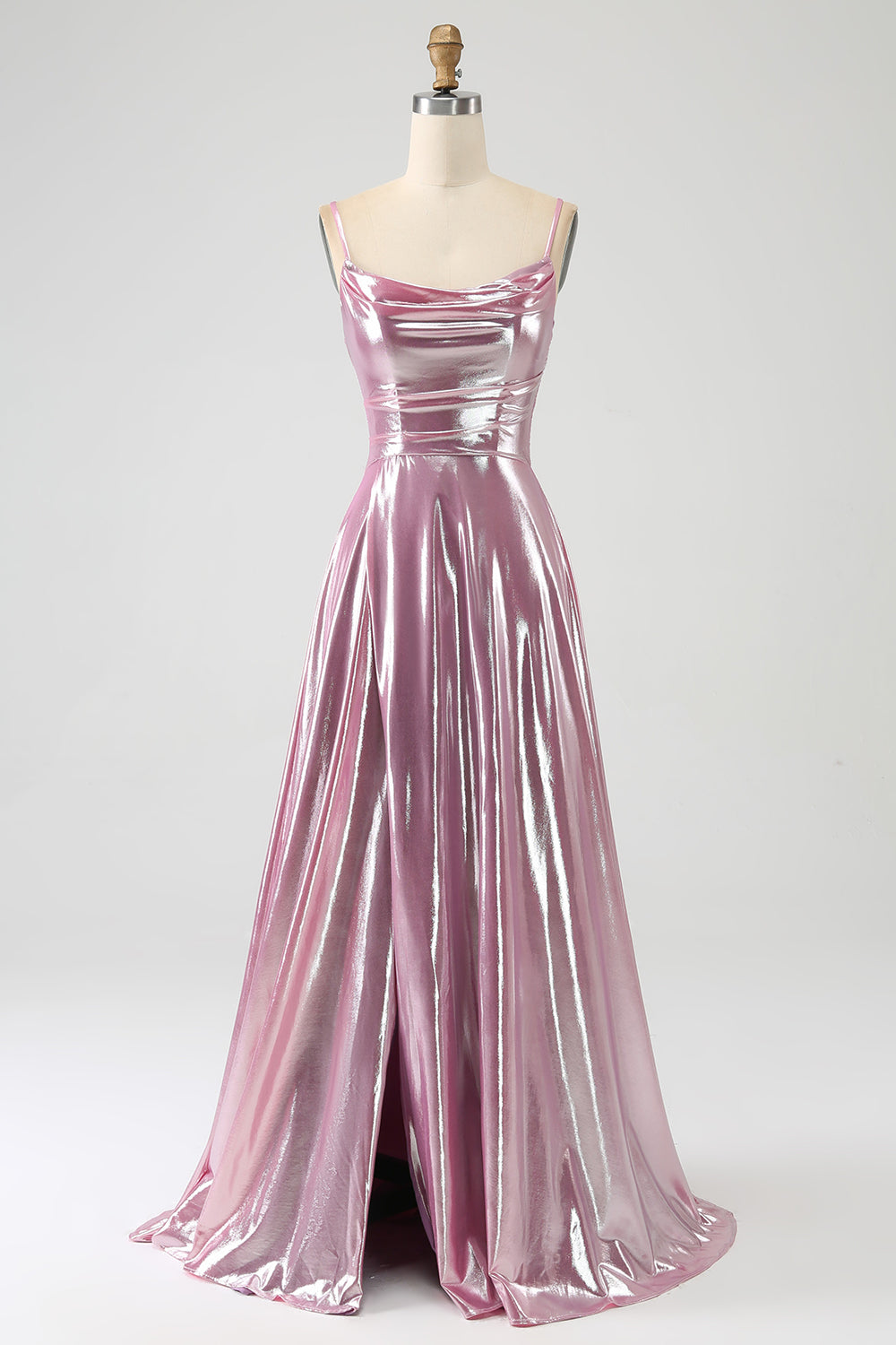 Splendida linea di spalline sottili rosa abito da ballo lungo con spacco anteriore