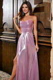Sparkly A Line Spaghetti Straps Rosa Abito Lungo Prom con Split Anteriore
