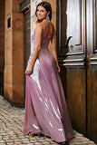 Sparkly A Line Spaghetti Straps Rosa Abito Lungo Prom con Split Anteriore