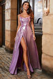 Sparkly A Line Spaghetti Straps Rosa Abito Lungo Prom con Split Anteriore