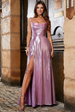 Sparkly A Line Spaghetti Straps Rosa Abito Lungo Prom con Split Anteriore